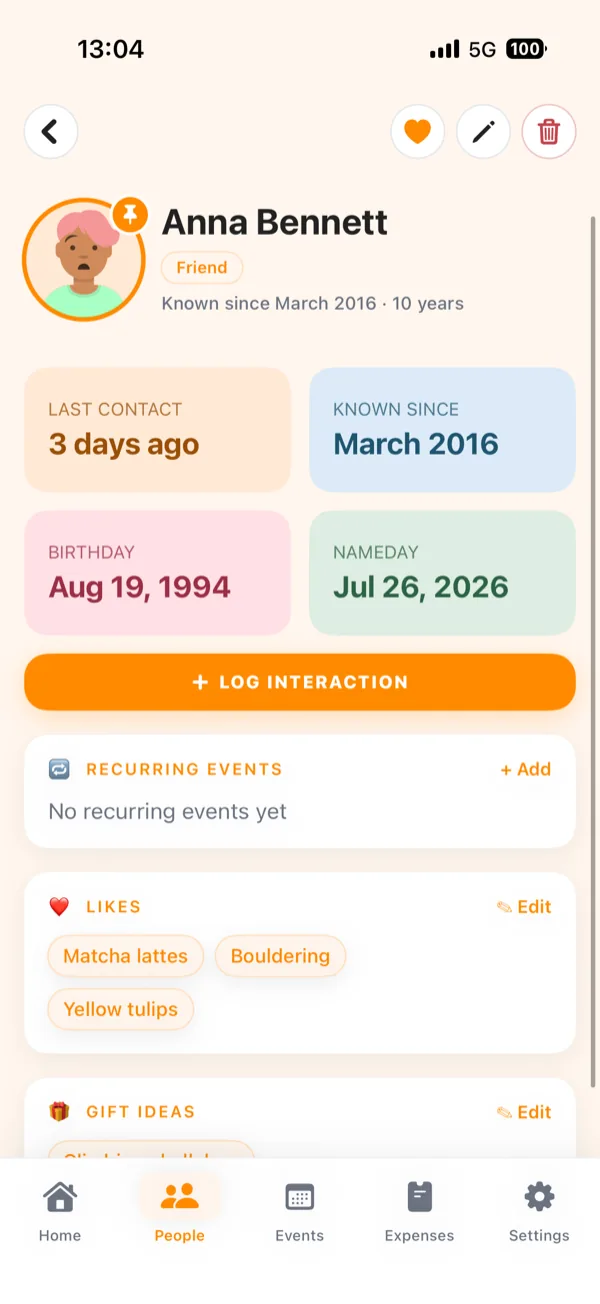 Bondo contact detail for Anna Bennett — last contact, known since, birthday and nameday, plus saved likes and gift ideas